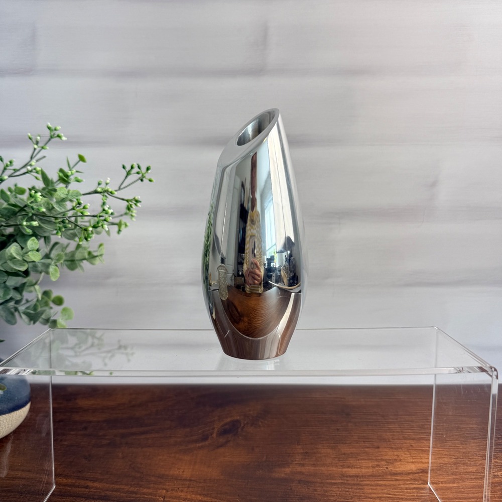 Nambe Studio Karim Rashid 6072 Offset Bud Vase Modernist Metal 1994